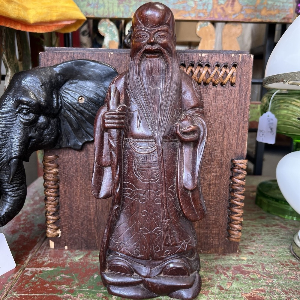 12" Antique Chinese Carved Wood Shou Hsing God of Longevity Sculpture Statue